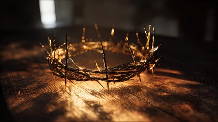 Golden Crown of Thorns Illuminated on Rustic Wooden Surface