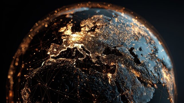 Illuminated Earth Globe with Network Connections Against Dark Background - Powered by Adobe