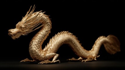 Golden Dragon Sculpture with Intricate Details Against Black Background
