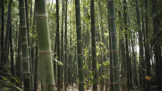 A dense forest of tall green bamboo stalks standing vertically in natural sunlight