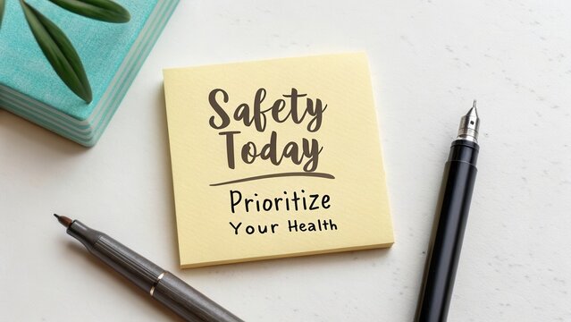Bright yellow sticky note with handwritten message to prioritize health and safety while working on a clean desk