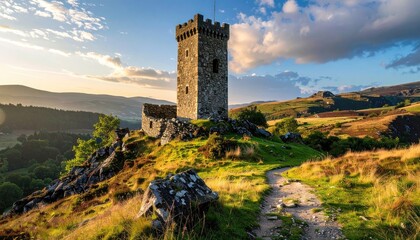 Ancient Stone Tower on Grassy Hilltop at Golden Hour with Bright Sky and Textured Clouds Landscape Scene with Rural Scenery and Serene Atmosphere