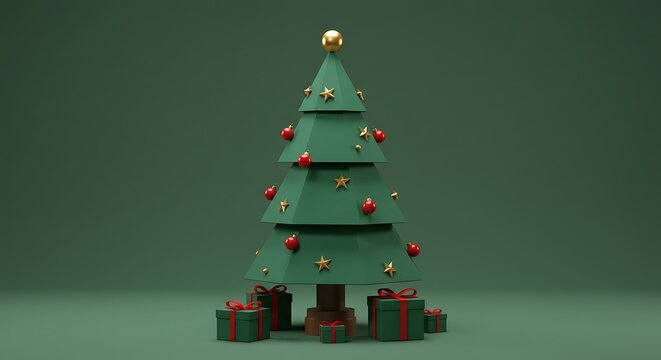 A stylized 3D rendering of a decorated Christmas tree with presents underneath against a solid green background.