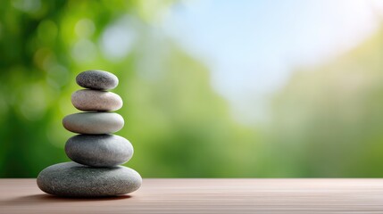 Obraz premium Tranquil Balance with Stacked Stones on Wooden Surface against Blurred Natural Background for Serenity and Calmness