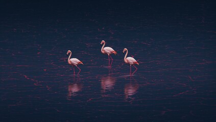Three pink flamingos wading gracefully in calm waters, reflecting vivid hues of red and blue