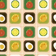 Vibrant Seamless Pattern of Pixelated Vegetables and Eggs on Beige Background with Square Grid