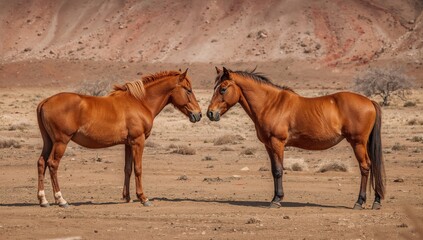 Two brown horses standing in a sandy landscape with reddish rock formations in the background
