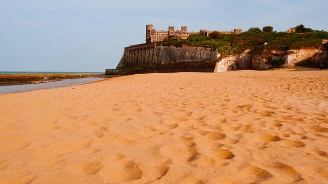 Kingsgate Bay beach and castle, Broadstairs, Kent, England, UK, with chalk cliffs, sandy cove and clifftop views