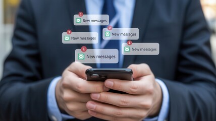 Professional managing multiple new digital messages on a modern smartphone