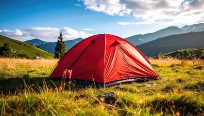 Bright Red Tent Nestled Among Tall Grass and Mountain Scenery on Sunny Day with Blue Sky and Wispy Clouds for Travel or Camping Theme