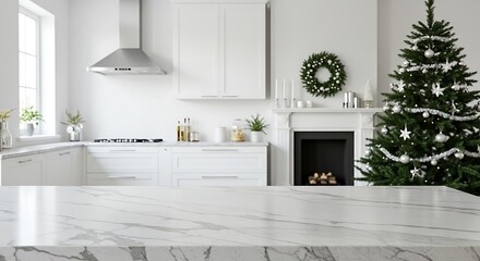 Bright, modern kitchen with a Christmas tree, fireplace, and marble countertop, festive holiday decor.