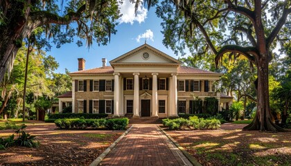 Antebellum Style Mansion with White Columns and Brick Pathway Under Sprawling Trees with Lush Green Foliage and Blue Sky in Daytime