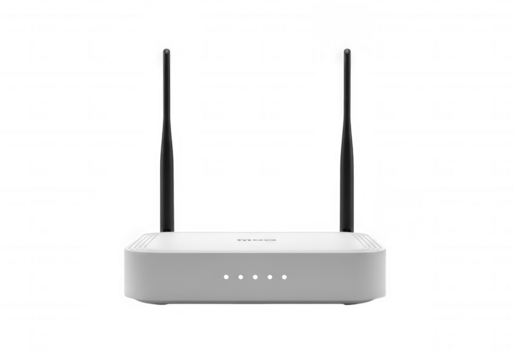White router with black antennas isolated on a transparent background