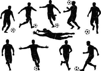 Abstract Black Silhouette Set of 12 Cool Soccer Players with Fine Detailed Lines