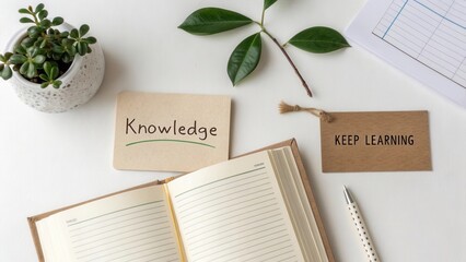 Inspirational Flat Lay of Learning Materials with Notepad, Green Leaves, and Motivational Cards on White Background