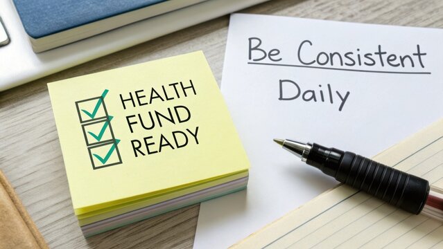 Positive Work Environment with Sticky Notes and Pen Encouraging Daily Consistency and Preparedness for Health Fund Management