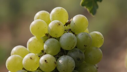 Close-up of a vibrant bunch of green grapes ripening on the vine under natural light.