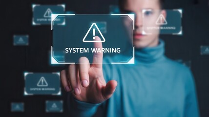 Man accessing system warning on futuristic touchscreen interface network
