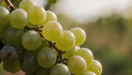 Close-up of a vibrant bunch of green grapes hanging on the vine, ready for harvest in a vineyard.