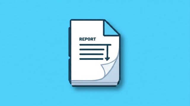 A simple illustration of a report document with a downward arrow, symbolizing progress, in a flat design style, perfect for business and project management