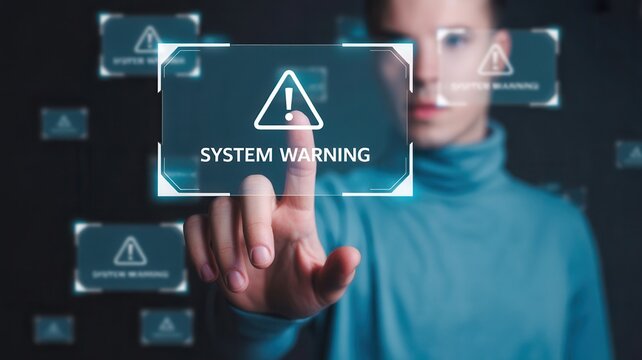 Man accessing system warning on futuristic touchscreen interface network