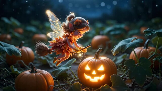 Cute Fairy Flying With Broom in Pumpkin Patch at Night