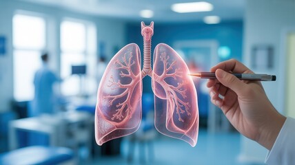 Doctor examines patient's lungs with interactive medical model in clinic