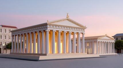 Fototapeta premium Architectural masterpiece of ancient Greece with classical columns and stunning sunset lighting in a historic setting