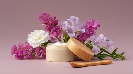 Natural Beauty Cream with Floral Arrangement in Soft Pastel Colors for Skincare and Wellness Products