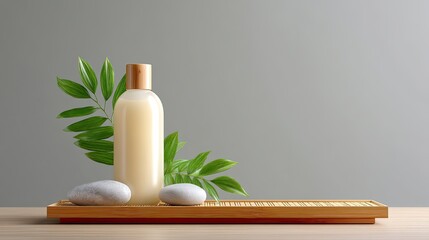 Elegant Bottle of Shampoo with Green Leaves and Smooth Stones on a Wooden Tray in a Minimalist Spa Setting