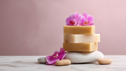 Elegant Stack of Soap Bars with Fresh Orchids and Smooth Stones on a Soft Pink Background