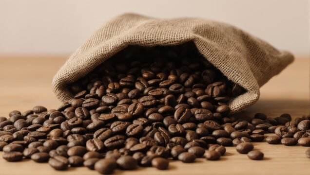 Coffee beans spilling from a burlap sack on a wooden surface.