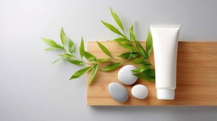 Natural Skin Care Setting with Cream Tube, Smooth Stones, and Green Bamboo Leaves on Wooden Surface