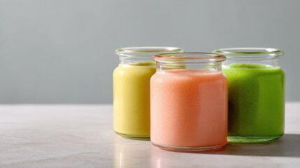Colorful Glass Jars of Vibrant Natural Smoothies and Juices on a Light Background