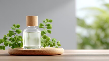Elegant glass bottle of fragrance on wooden tray with green leaves, contemporary indoor setting, natural beauty concept