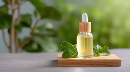 Natural Oil Dropper Bottle Surrounded by Fresh Green Leaves on Wooden Surface in Soft Focus Background