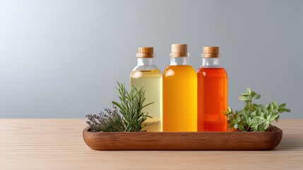 Aromatherapy Bottles with Natural Oils and Fresh Herbs on Wooden Tray Against Soft Background