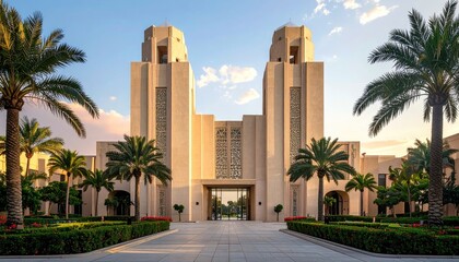 Architectural Facade at Golden Hour in Palm Beach Florida with Tall Towers Palm Trees and Geometric Design under Clear Blue Sky with Soft Sunlight