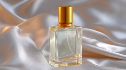 Elegant Glass Perfume Bottle with Gold Cap on Soft Satin Fabric in Warm Lighting