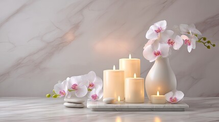 Elegant arrangement of white candles and orchids on a marble surface for calming and serene home décor aesthetic