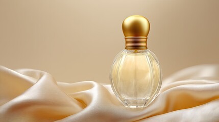 Elegant Glass Perfume Bottle on Soft Silk Fabric with Warm Lighting for Beauty and Fragrance Photography