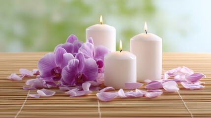 Serene Arrangement of White Candles Surrounded by Orchid Petals on Natural Bamboo Background for Relaxation and Tranquility