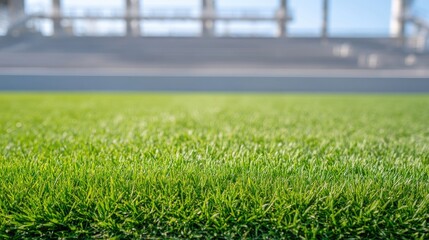 Lush Green Artificial Turf Field with Clear Blue Sky and Stadium Background for Sports and Recreation Themes