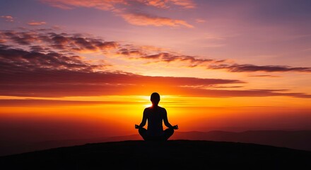 Peaceful Silhouette Meditating in Lotus Pose Against a Vibrant, Fiery Sunset Sky, Symbolizing Serenity and Mindfulness at Golden Hour