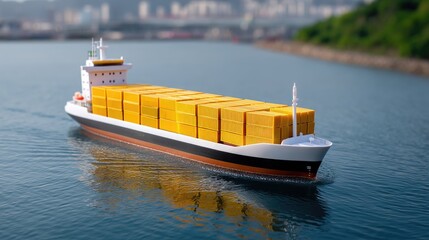 Modern Container Ship Navigating Calm Waters with Bright Yellow Cargo in Port Environment