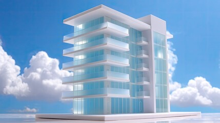 Modern Architectural Design of a Glass Facade Building Under Bright Blue Sky with Soft Clouds
