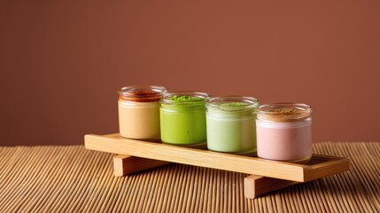 Assorted jars of colorful sauces and spreads arranged on a wooden tray against a warm background