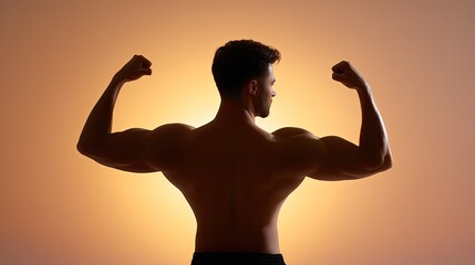 Strong Man Showing Muscles in Silhouette Against a Warm Gradient Background Highlighting Fitness and Strength