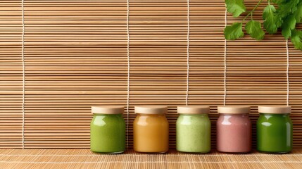 Assorted Healthy Smoothies in Glass Jars on Bamboo Background with Fresh Herbs