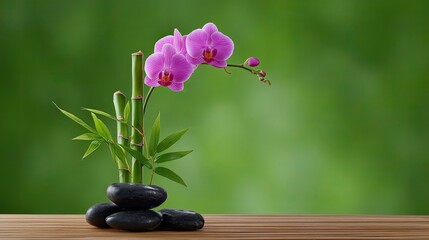 Elegant arrangement of purple orchids and bamboo with smooth black stones on wooden surface with soothing green background